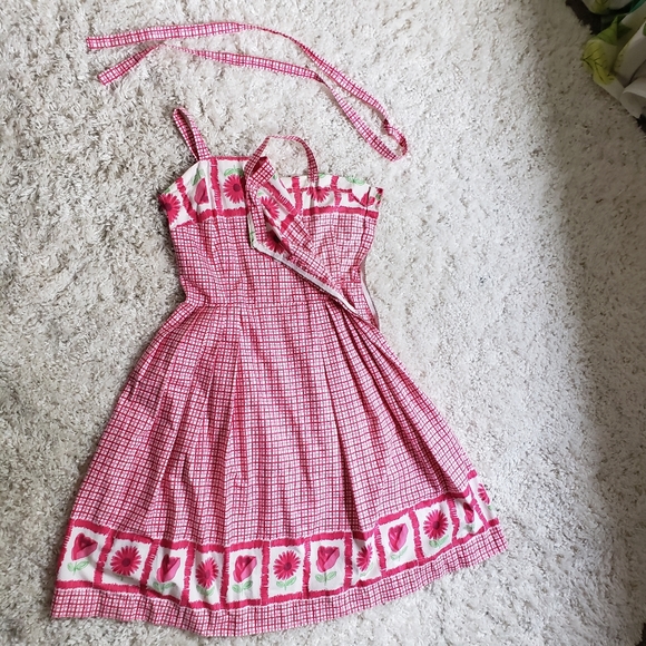1950s Vintage Spring Pink Fit and Flare Dress Floral Border Frock - Picture 7 of 8